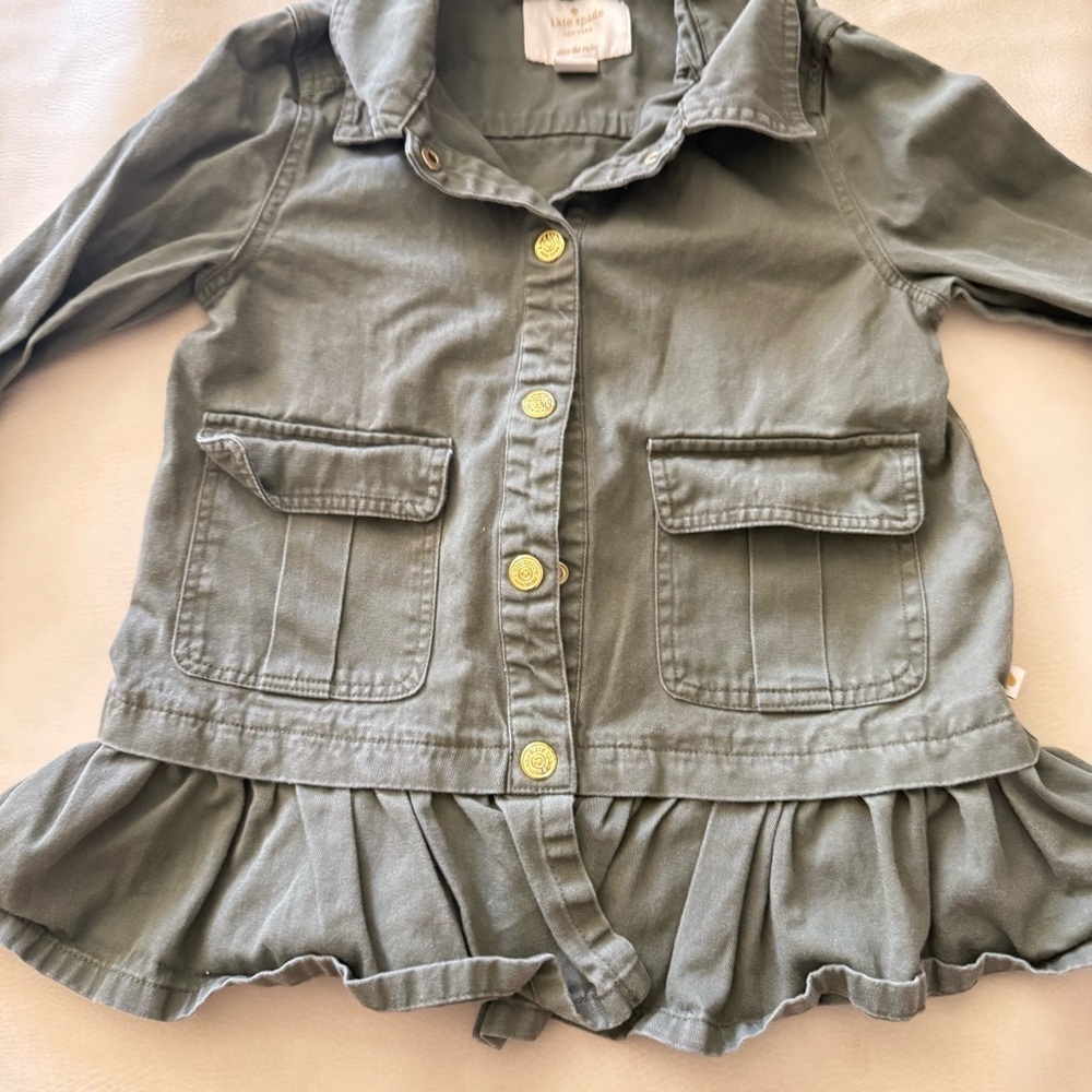 Kate Spade Girls Green Ruffled Field Jacket Gold Buttons Pockets - Picture 2 of 8